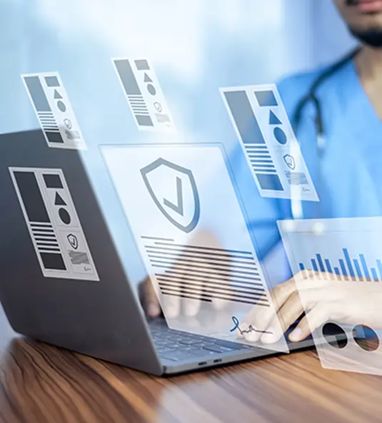 Laptop showing a signed report template with a security checkmark beside a clinician